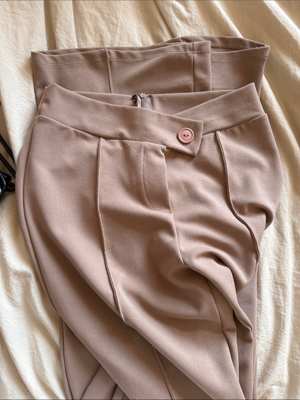 Taupe High-Waist Trousers with Button Detail